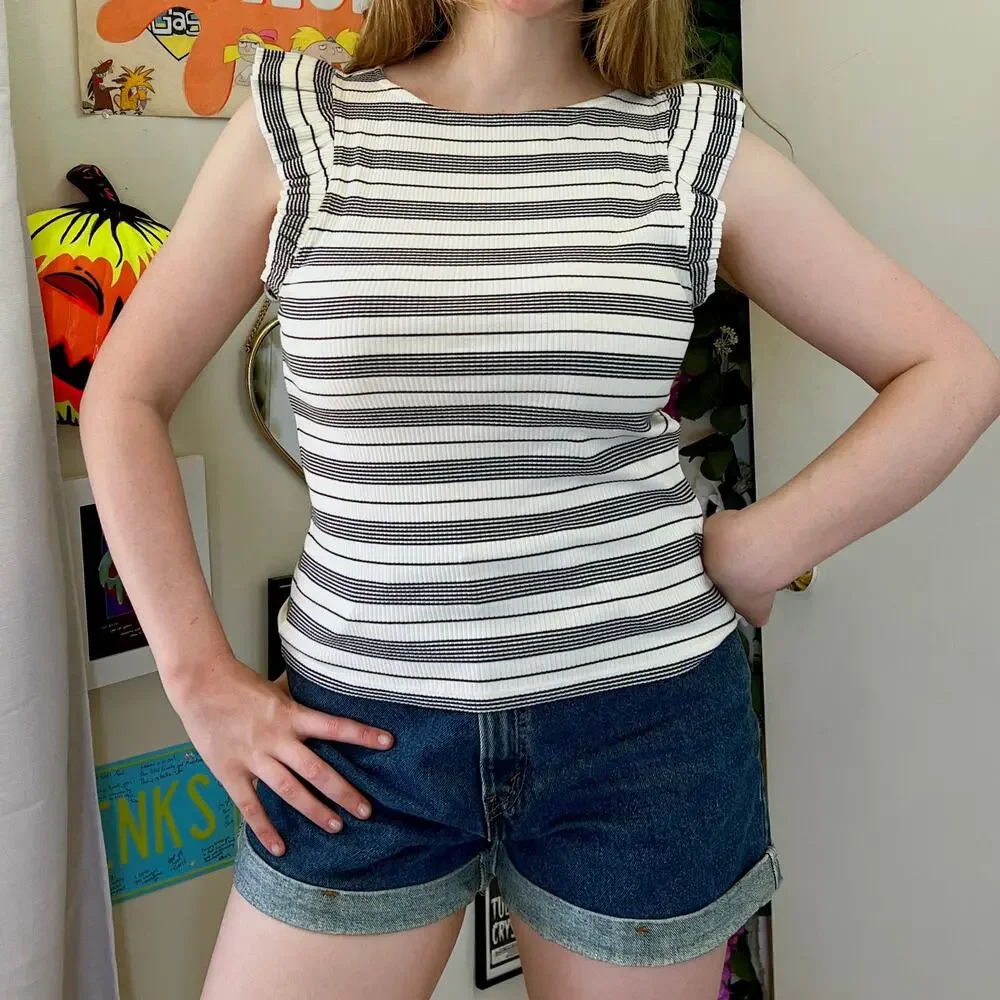 J.Crew Striped Ruffle Sleeve Tank Top Size Medium